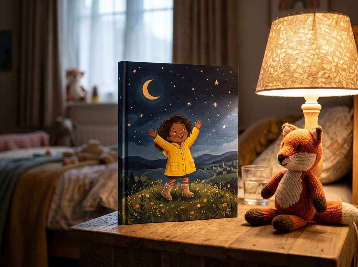 A hardcover Truva storybook standing on a bedside table beside a warm lamp
