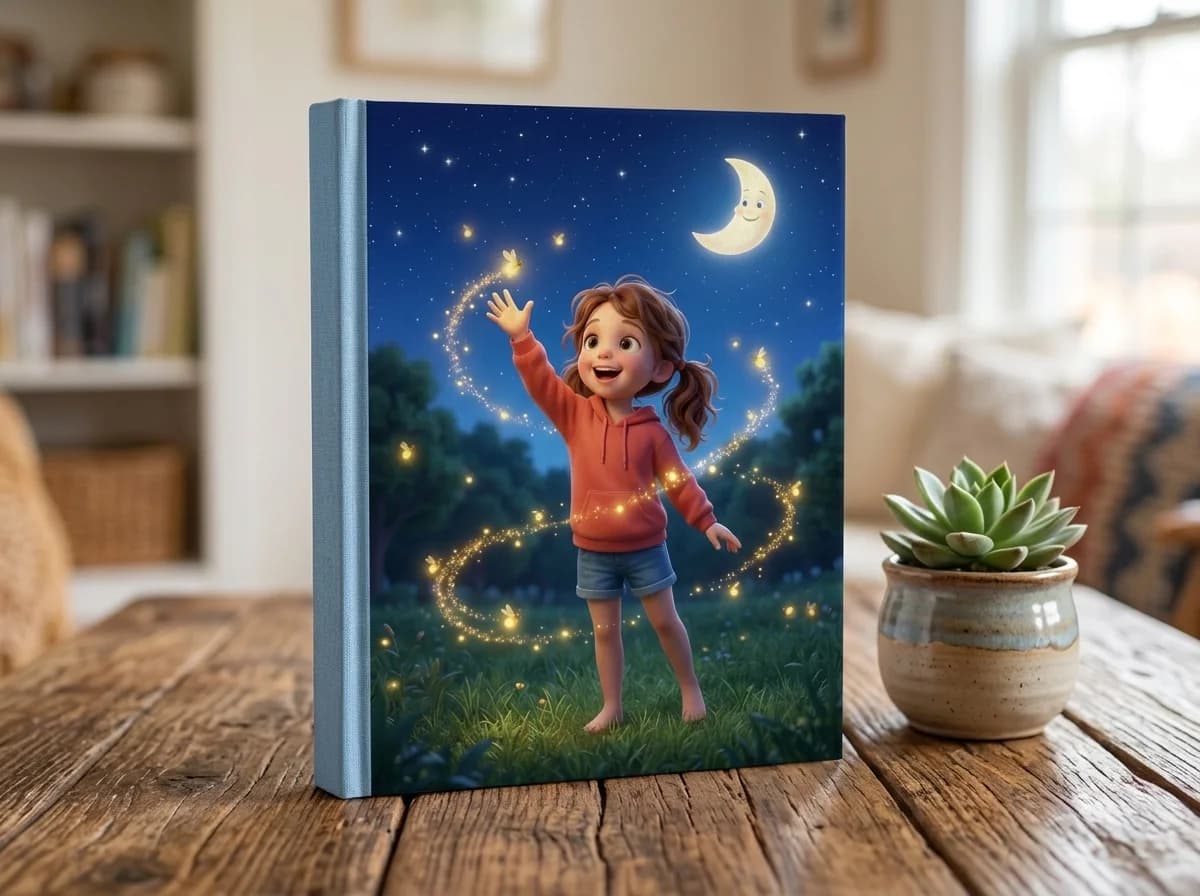 A hardcover Truva storybook standing on a wooden table beside a potted plant, its 3D-illustrated cover showing a girl reaching for fireflies