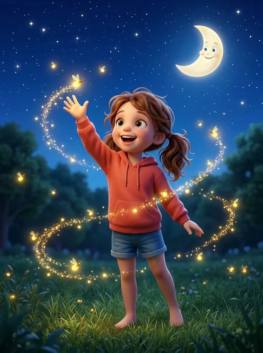 The same girl as a playful 3D storybook hero catching fireflies under a starry night sky