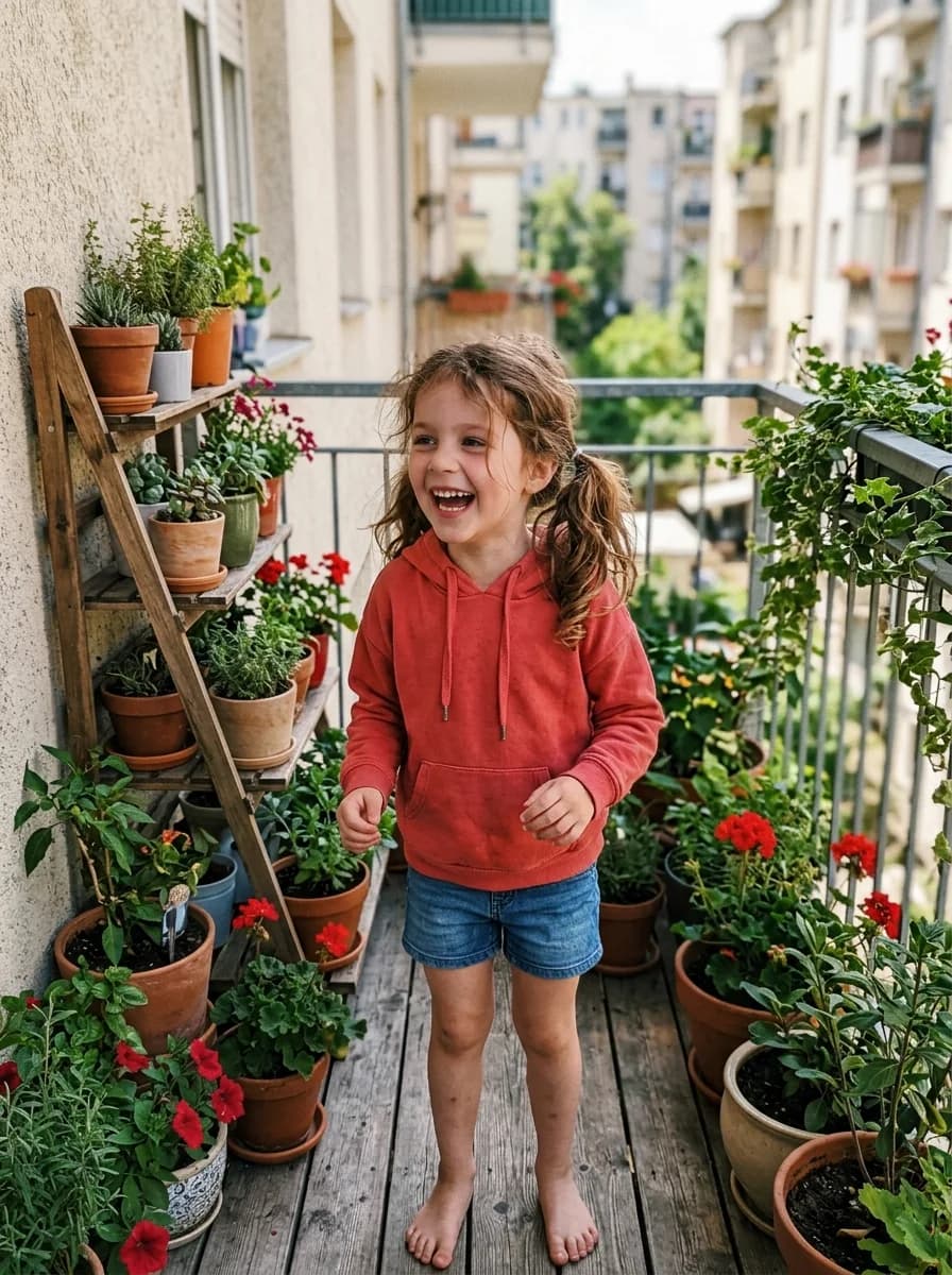 A snapshot photo of a laughing girl in a coral hoodie on a sunny balcony