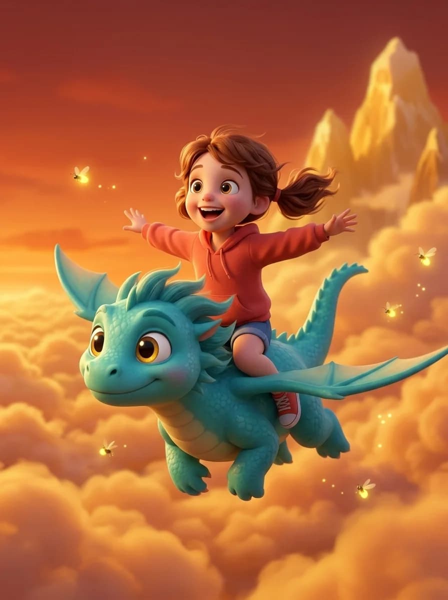 Playful 3D illustrated girl riding a friendly turquoise dragon above sunset clouds