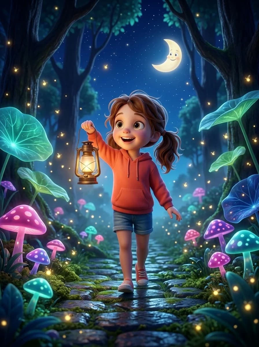 Playful 3D illustrated girl with a lantern in a forest of giant glowing leaves and mushrooms