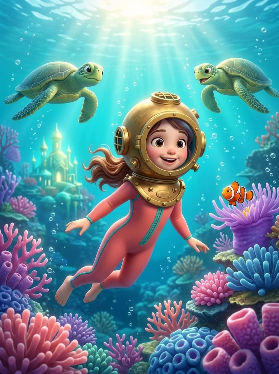 Playful 3D illustrated girl in a brass diving helmet greeting sea turtles in a coral kingdom