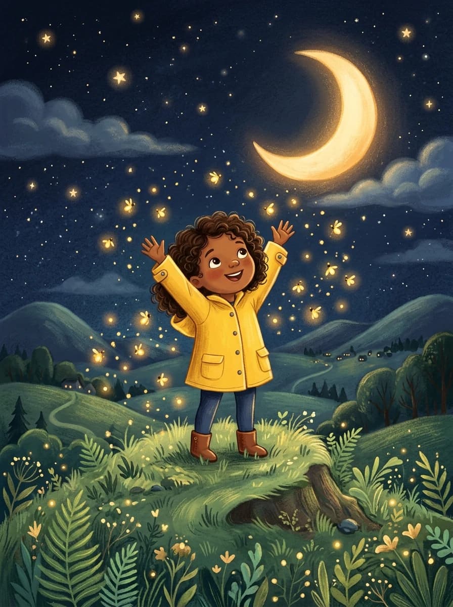 The same child as an illustrated storybook hero under a starry night sky