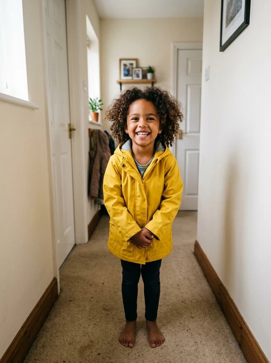 A snapshot photo of a smiling child in a yellow raincoat