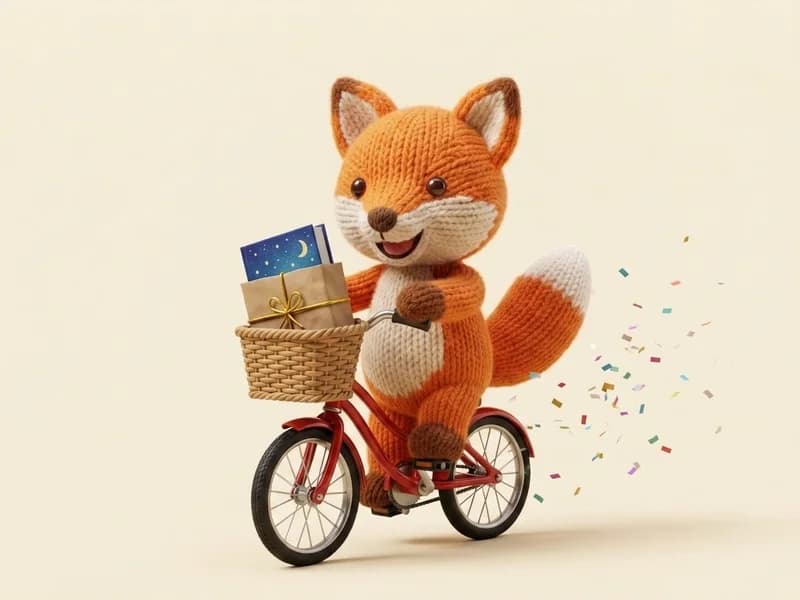 The fox mascot delivering a wrapped storybook parcel on a little red bicycle