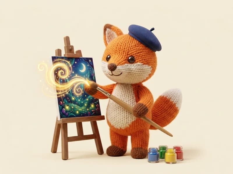 The fox mascot in a painter beret painting a glowing storybook page on an easel