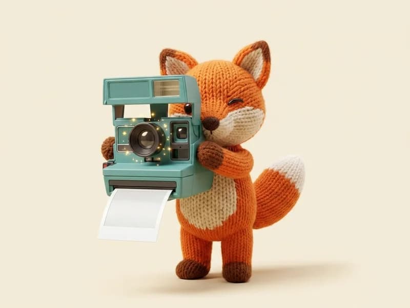 A knitted fox mascot aiming a retro instant camera, a fresh photo sliding out