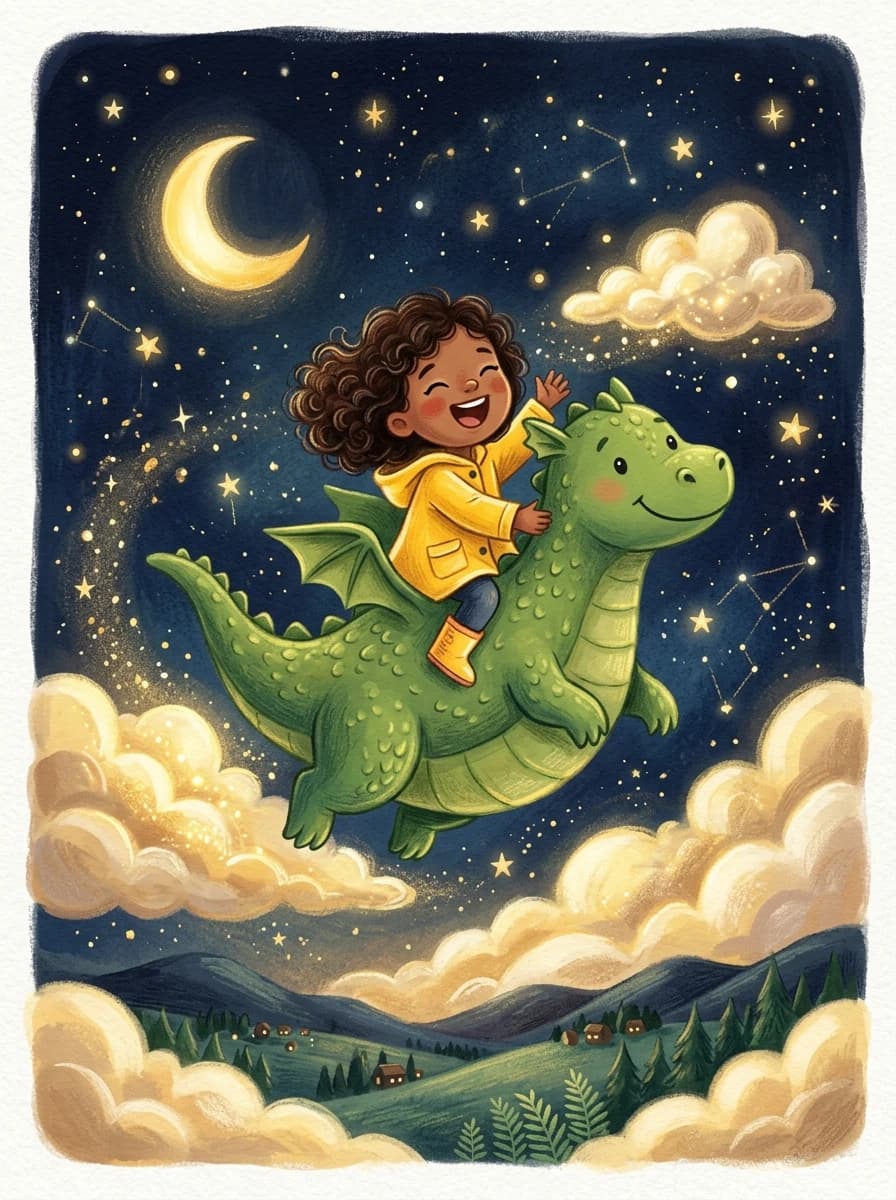 Illustrated child riding a friendly green dragon above moonlit clouds