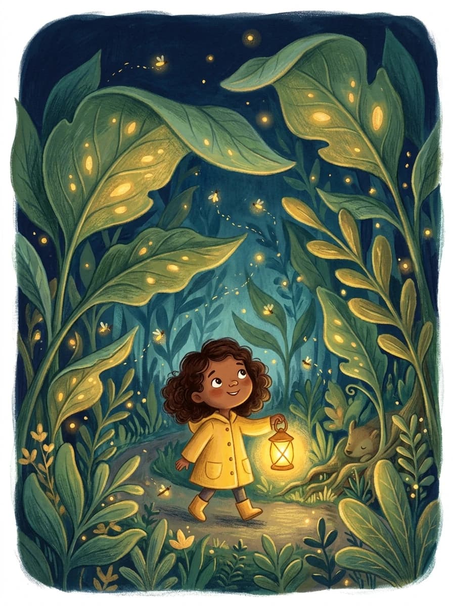 Illustrated child with a lantern walking through a forest of giant glowing leaves