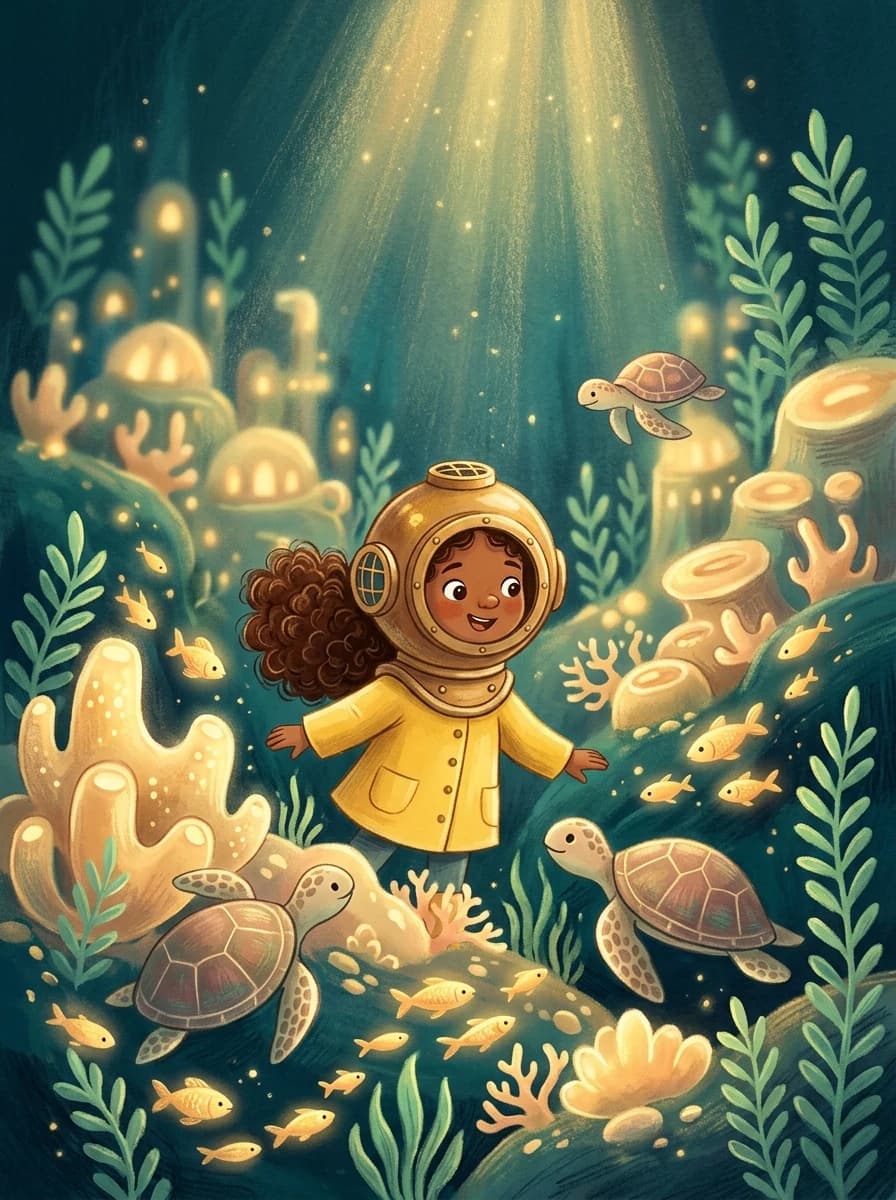 Illustrated child in a brass diving helmet exploring an underwater kingdom with sea turtles